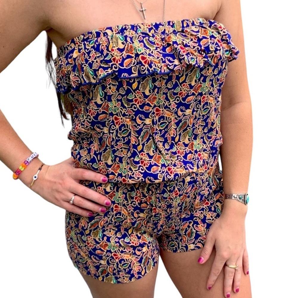 Blue Rain Strapless Patterned Ruffle Romper Sz XS